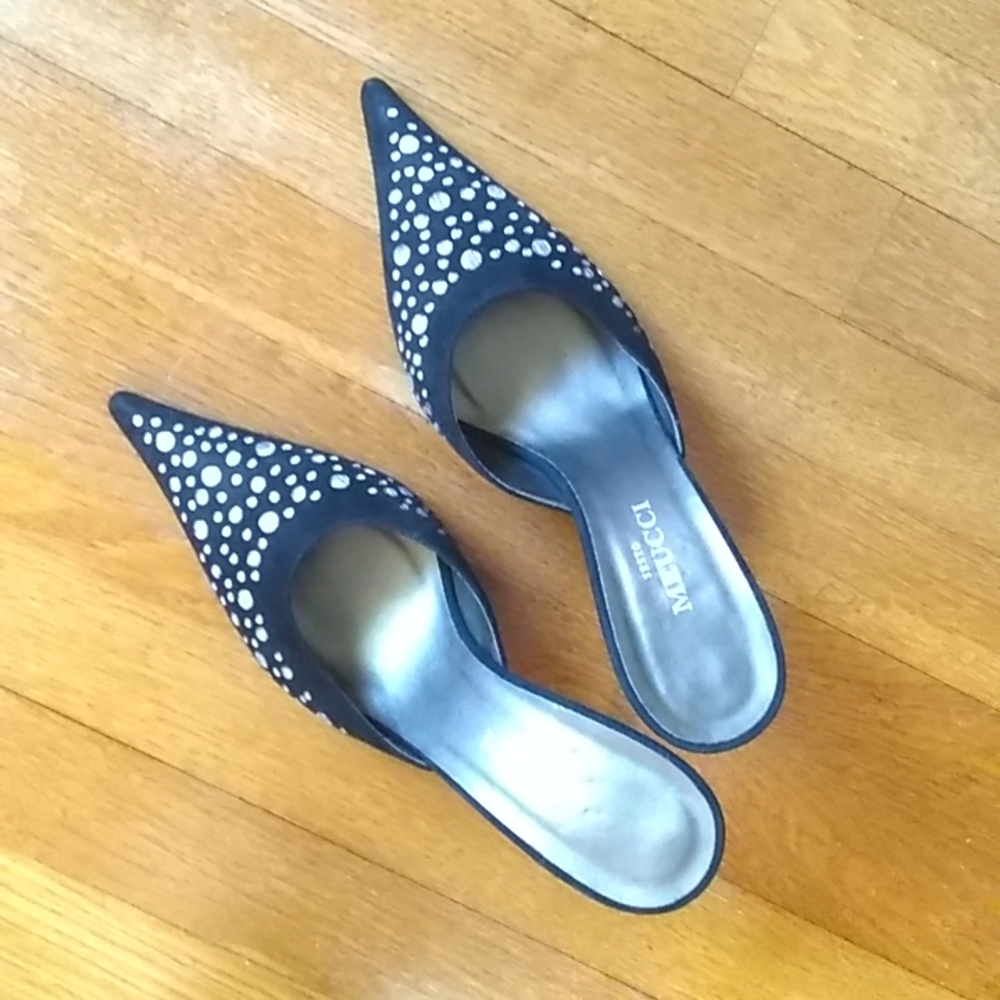 Sesto Meucci Navy Blue Pointed Toe Mules with White Dot Accent